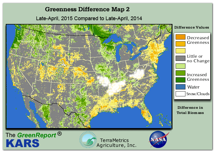 Color-coded U.S. vegetation greeness index map for Period 17 of 2015, illustrating spatial variations in plant vigor, with greener tones indicating higher biomass and browner tones indicating stressed vegetation,
              comparing current crop/vegetation change in biomass to same period from the previous year.