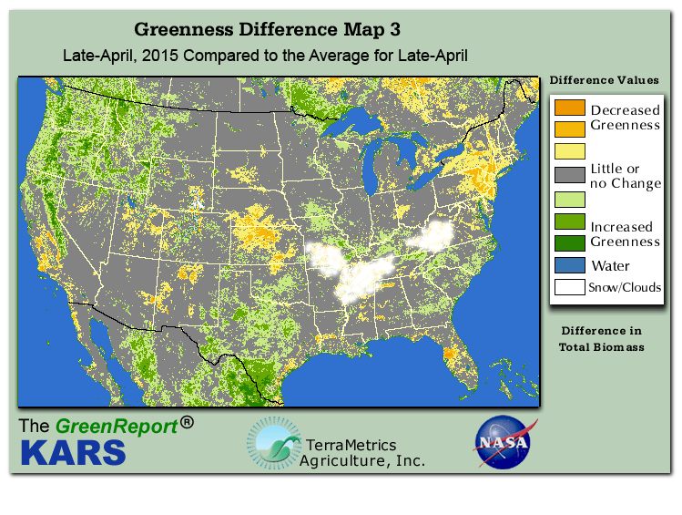 Color-coded U.S. vegetation greeness index map for Period 17 of 2015, illustrating spatial variations in plant vigor, with greener tones indicating higher biomass and browner tones indicating stressed vegetation,
              comparing current crop/vegetation change in biomass to the 20-year greenness average.