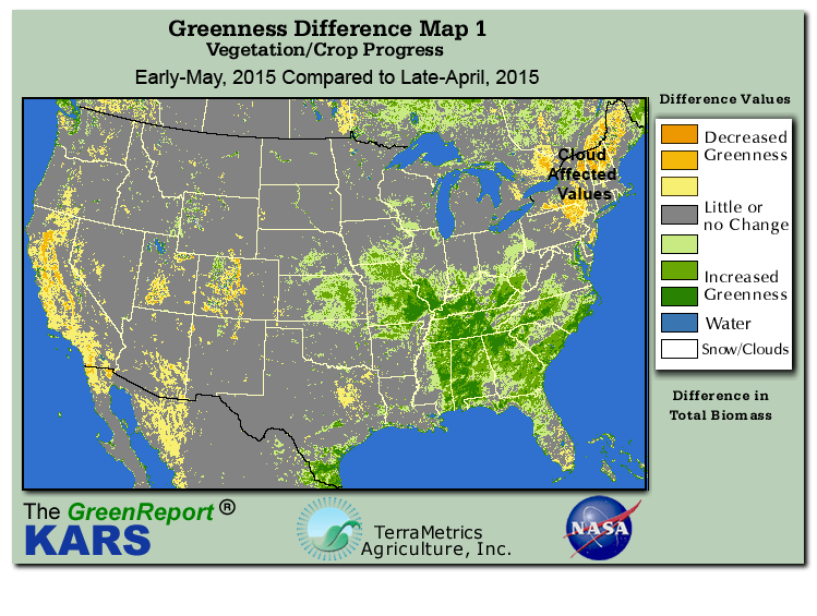 Color-coded U.S. vegetation greeness index map for Period 18 of 2015, illustrating spatial variations in plant vigor, with greener tones indicating higher biomass and browner tones indicating stressed vegetation,
              comparing current crop/vegetation change in biomass to the previous week within the same year.