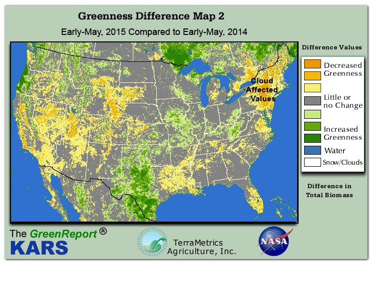 Color-coded U.S. vegetation greeness index map for Period 18 of 2015, illustrating spatial variations in plant vigor, with greener tones indicating higher biomass and browner tones indicating stressed vegetation,
              comparing current crop/vegetation change in biomass to same period from the previous year.