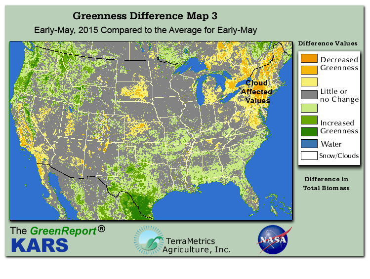 Color-coded U.S. vegetation greeness index map for Period 18 of 2015, illustrating spatial variations in plant vigor, with greener tones indicating higher biomass and browner tones indicating stressed vegetation,
              comparing current crop/vegetation change in biomass to the 20-year greenness average.