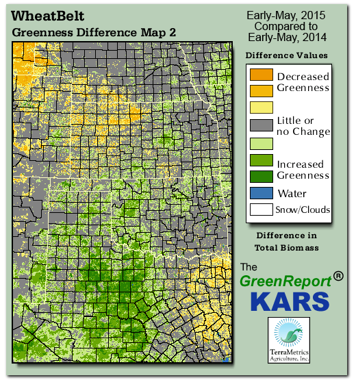 Color-coded Wheat Belt vegetation greeness index map for Period 18 of 2015, illustrating spatial variations in plant vigor, with greener tones indicating higher biomass and browner tones indicating stressed vegetation,
              comparing current crop/vegetation change in biomass to same period from the previous year.