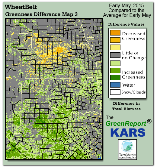 Color-coded Wheat Belt vegetation greeness index map for Period 18 of 2015, illustrating spatial variations in plant vigor, with greener tones indicating higher biomass and browner tones indicating stressed vegetation,
              comparing current crop/vegetation change in biomass to the 20-year greenness average.