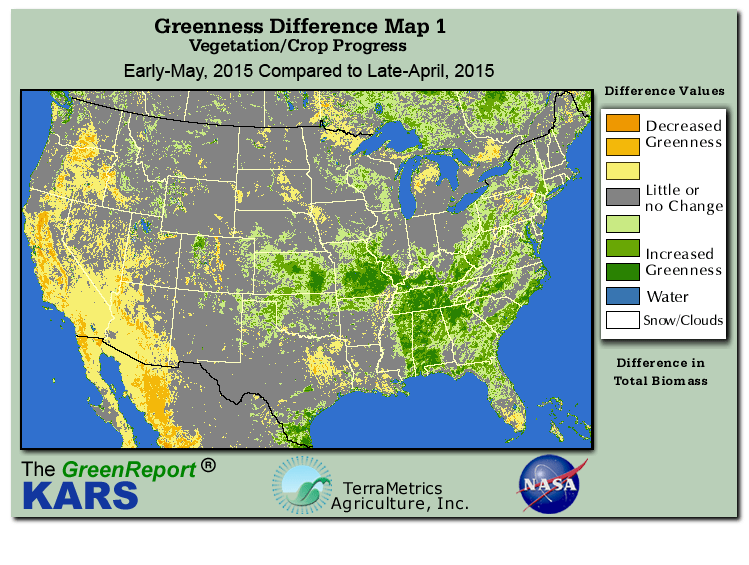 Color-coded U.S. vegetation greeness index map for Period 19 of 2015, illustrating spatial variations in plant vigor, with greener tones indicating higher biomass and browner tones indicating stressed vegetation,
              comparing current crop/vegetation change in biomass to the previous week within the same year.