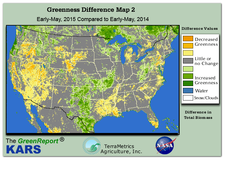 Color-coded U.S. vegetation greeness index map for Period 19 of 2015, illustrating spatial variations in plant vigor, with greener tones indicating higher biomass and browner tones indicating stressed vegetation,
              comparing current crop/vegetation change in biomass to same period from the previous year.
