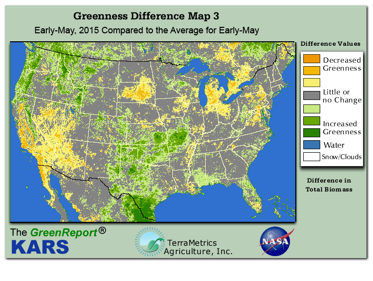 Color-coded U.S. vegetation greeness index map for Period 19 of 2015, illustrating spatial variations in plant vigor, with greener tones indicating higher biomass and browner tones indicating stressed vegetation,
              comparing current crop/vegetation change in biomass to the 20-year greenness average.