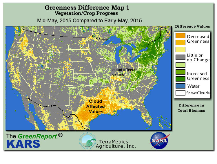 Color-coded U.S. vegetation greeness index map for Period 20 of 2015, illustrating spatial variations in plant vigor, with greener tones indicating higher biomass and browner tones indicating stressed vegetation,
              comparing current crop/vegetation change in biomass to the previous week within the same year.