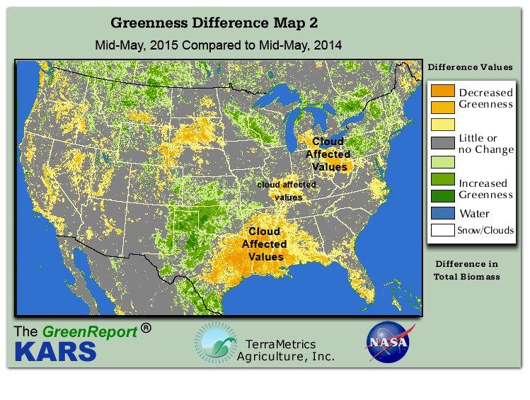 Color-coded U.S. vegetation greeness index map for Period 20 of 2015, illustrating spatial variations in plant vigor, with greener tones indicating higher biomass and browner tones indicating stressed vegetation,
              comparing current crop/vegetation change in biomass to same period from the previous year.