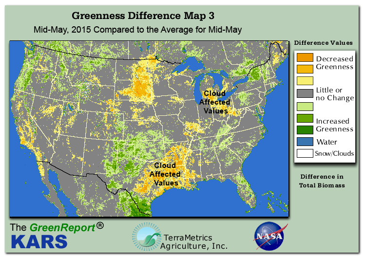 Color-coded U.S. vegetation greeness index map for Period 20 of 2015, illustrating spatial variations in plant vigor, with greener tones indicating higher biomass and browner tones indicating stressed vegetation,
              comparing current crop/vegetation change in biomass to the 20-year greenness average.