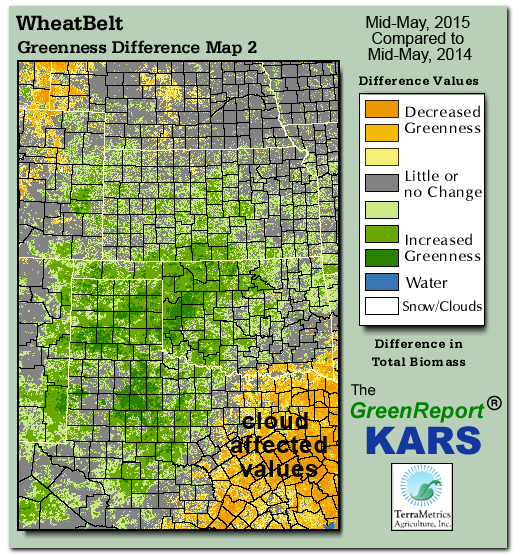 Color-coded Wheat Belt vegetation greeness index map for Period 20 of 2015, illustrating spatial variations in plant vigor, with greener tones indicating higher biomass and browner tones indicating stressed vegetation,
              comparing current crop/vegetation change in biomass to same period from the previous year.