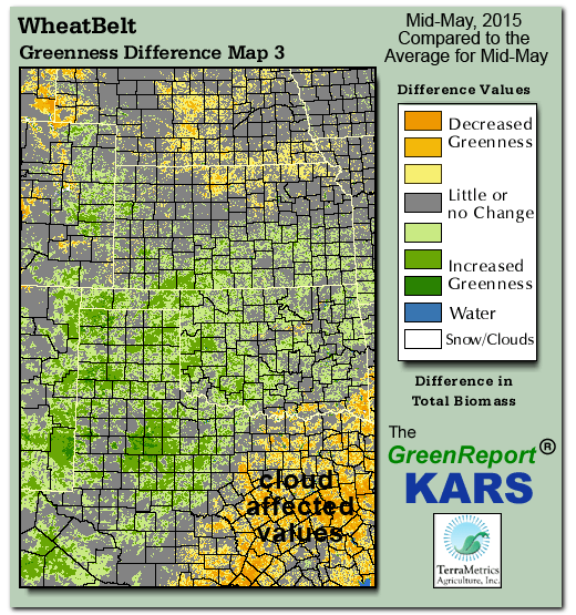 Color-coded Wheat Belt vegetation greeness index map for Period 20 of 2015, illustrating spatial variations in plant vigor, with greener tones indicating higher biomass and browner tones indicating stressed vegetation,
              comparing current crop/vegetation change in biomass to the 20-year greenness average.