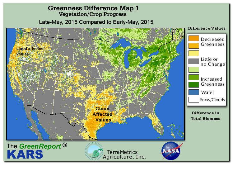Color-coded U.S. vegetation greeness index map for Period 21 of 2015, illustrating spatial variations in plant vigor, with greener tones indicating higher biomass and browner tones indicating stressed vegetation,
              comparing current crop/vegetation change in biomass to the previous week within the same year.