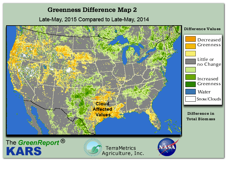 Color-coded U.S. vegetation greeness index map for Period 21 of 2015, illustrating spatial variations in plant vigor, with greener tones indicating higher biomass and browner tones indicating stressed vegetation,
              comparing current crop/vegetation change in biomass to same period from the previous year.