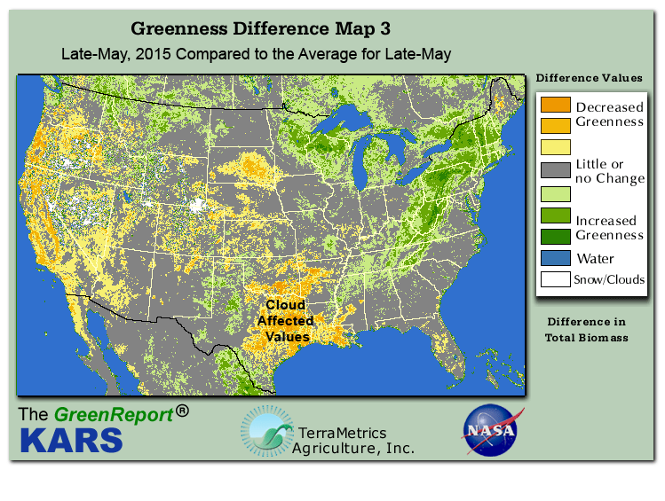 Color-coded U.S. vegetation greeness index map for Period 21 of 2015, illustrating spatial variations in plant vigor, with greener tones indicating higher biomass and browner tones indicating stressed vegetation,
              comparing current crop/vegetation change in biomass to the 20-year greenness average.