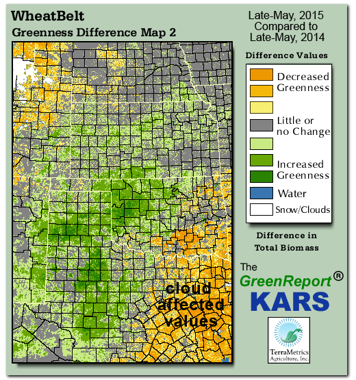 Color-coded Wheat Belt vegetation greeness index map for Period 21 of 2015, illustrating spatial variations in plant vigor, with greener tones indicating higher biomass and browner tones indicating stressed vegetation,
              comparing current crop/vegetation change in biomass to same period from the previous year.