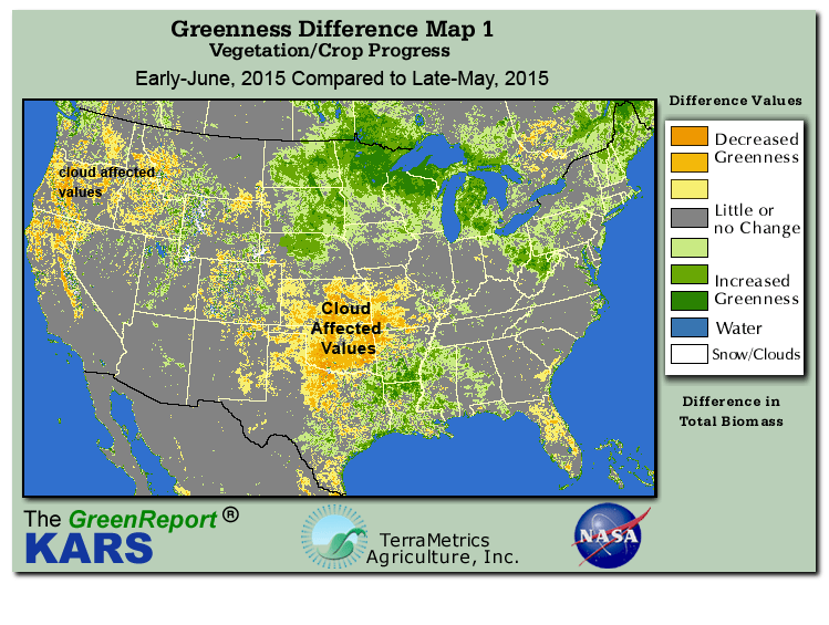 Color-coded U.S. vegetation greeness index map for Period 22 of 2015, illustrating spatial variations in plant vigor, with greener tones indicating higher biomass and browner tones indicating stressed vegetation,
              comparing current crop/vegetation change in biomass to the previous week within the same year.