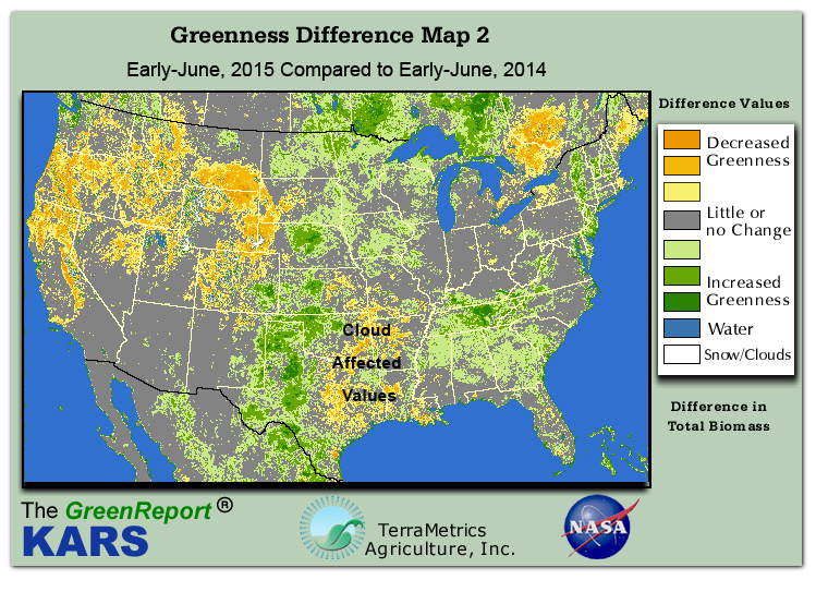 Color-coded U.S. vegetation greeness index map for Period 22 of 2015, illustrating spatial variations in plant vigor, with greener tones indicating higher biomass and browner tones indicating stressed vegetation,
              comparing current crop/vegetation change in biomass to same period from the previous year.
