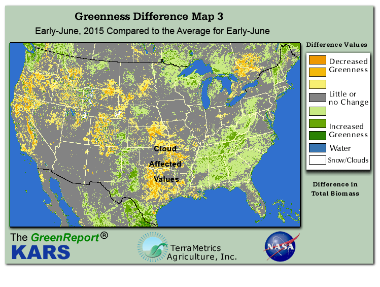 Color-coded U.S. vegetation greeness index map for Period 22 of 2015, illustrating spatial variations in plant vigor, with greener tones indicating higher biomass and browner tones indicating stressed vegetation,
              comparing current crop/vegetation change in biomass to the 20-year greenness average.
