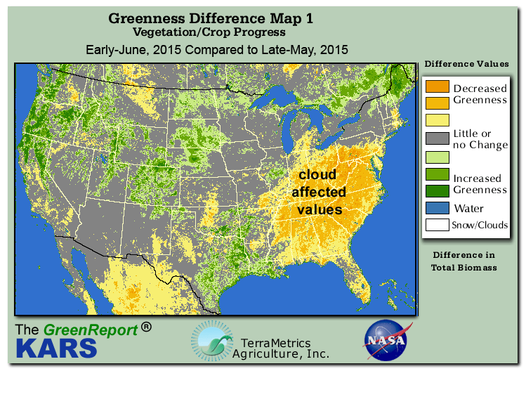 Color-coded U.S. vegetation greeness index map for Period 23 of 2015, illustrating spatial variations in plant vigor, with greener tones indicating higher biomass and browner tones indicating stressed vegetation,
              comparing current crop/vegetation change in biomass to the previous week within the same year.