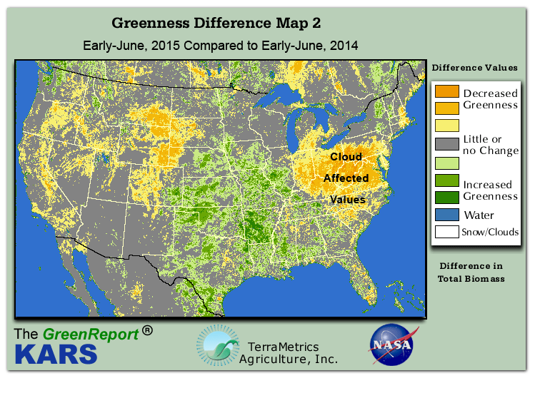 Color-coded U.S. vegetation greeness index map for Period 23 of 2015, illustrating spatial variations in plant vigor, with greener tones indicating higher biomass and browner tones indicating stressed vegetation,
              comparing current crop/vegetation change in biomass to same period from the previous year.