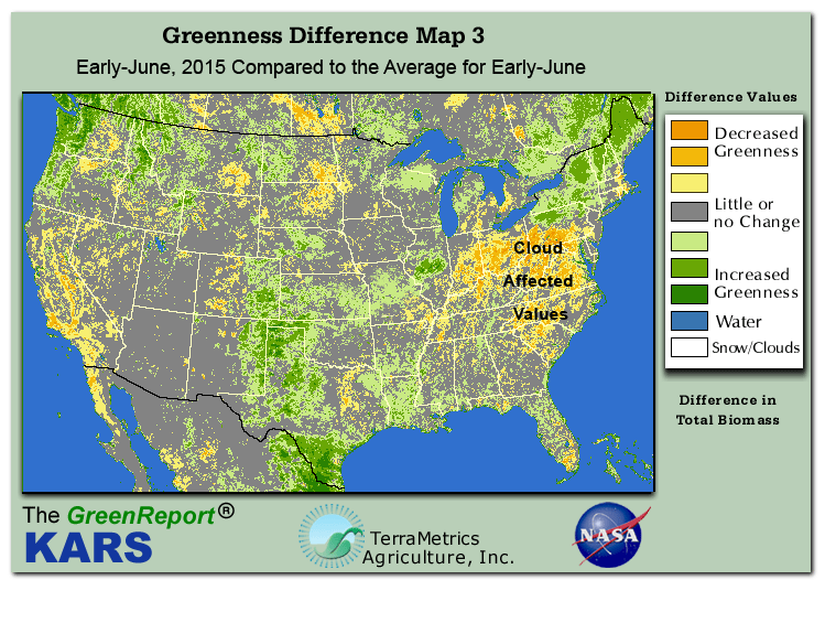 Color-coded U.S. vegetation greeness index map for Period 23 of 2015, illustrating spatial variations in plant vigor, with greener tones indicating higher biomass and browner tones indicating stressed vegetation,
              comparing current crop/vegetation change in biomass to the 20-year greenness average.