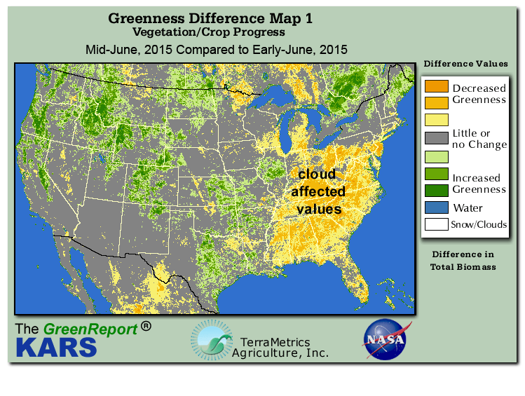 Color-coded U.S. vegetation greeness index map for Period 24 of 2015, illustrating spatial variations in plant vigor, with greener tones indicating higher biomass and browner tones indicating stressed vegetation,
              comparing current crop/vegetation change in biomass to the previous week within the same year.