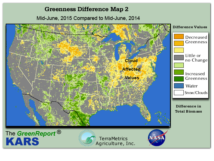 Color-coded U.S. vegetation greeness index map for Period 24 of 2015, illustrating spatial variations in plant vigor, with greener tones indicating higher biomass and browner tones indicating stressed vegetation,
              comparing current crop/vegetation change in biomass to same period from the previous year.