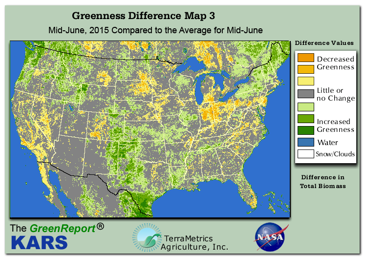 Color-coded U.S. vegetation greeness index map for Period 24 of 2015, illustrating spatial variations in plant vigor, with greener tones indicating higher biomass and browner tones indicating stressed vegetation,
              comparing current crop/vegetation change in biomass to the 20-year greenness average.