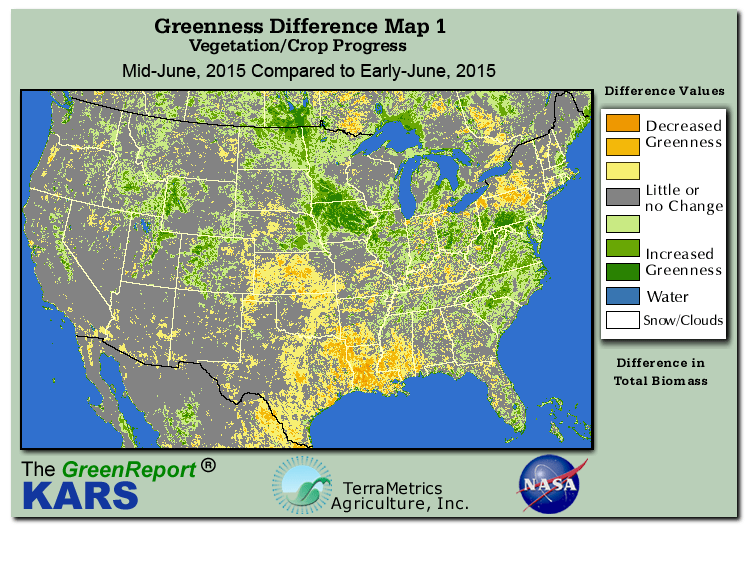 Color-coded U.S. vegetation greeness index map for Period 25 of 2015, illustrating spatial variations in plant vigor, with greener tones indicating higher biomass and browner tones indicating stressed vegetation,
              comparing current crop/vegetation change in biomass to the previous week within the same year.