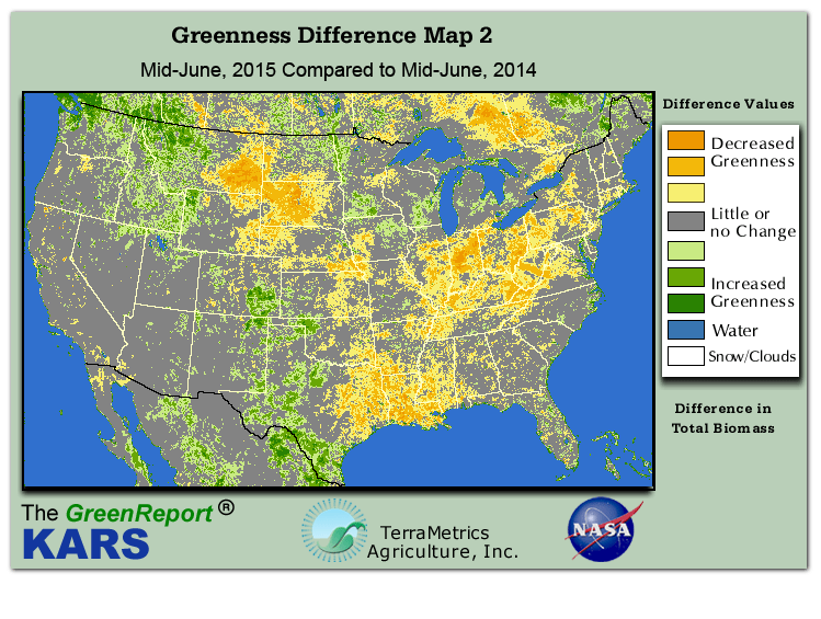 Color-coded U.S. vegetation greeness index map for Period 25 of 2015, illustrating spatial variations in plant vigor, with greener tones indicating higher biomass and browner tones indicating stressed vegetation,
              comparing current crop/vegetation change in biomass to same period from the previous year.