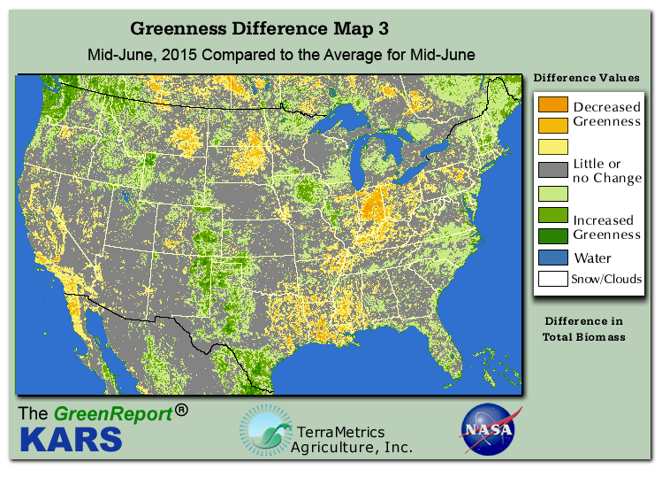Color-coded U.S. vegetation greeness index map for Period 25 of 2015, illustrating spatial variations in plant vigor, with greener tones indicating higher biomass and browner tones indicating stressed vegetation,
              comparing current crop/vegetation change in biomass to the 20-year greenness average.