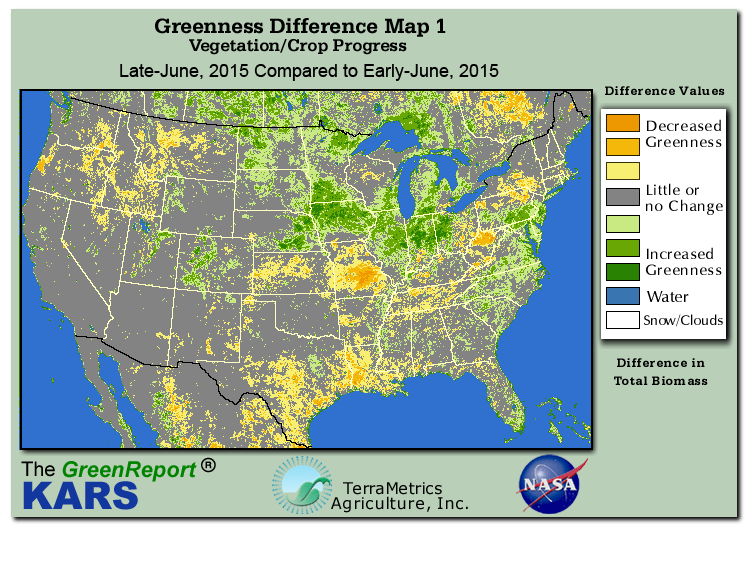 Color-coded U.S. vegetation greeness index map for Period 26 of 2015, illustrating spatial variations in plant vigor, with greener tones indicating higher biomass and browner tones indicating stressed vegetation,
              comparing current crop/vegetation change in biomass to the previous week within the same year.