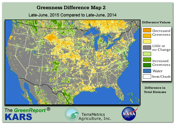 Color-coded U.S. vegetation greeness index map for Period 26 of 2015, illustrating spatial variations in plant vigor, with greener tones indicating higher biomass and browner tones indicating stressed vegetation,
              comparing current crop/vegetation change in biomass to same period from the previous year.
