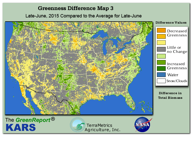 Color-coded U.S. vegetation greeness index map for Period 26 of 2015, illustrating spatial variations in plant vigor, with greener tones indicating higher biomass and browner tones indicating stressed vegetation,
              comparing current crop/vegetation change in biomass to the 20-year greenness average.
