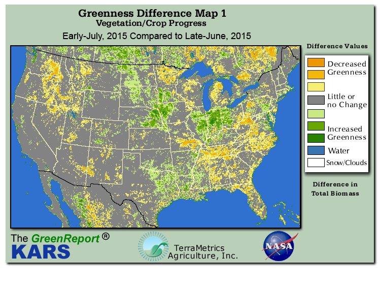 Color-coded U.S. vegetation greeness index map for Period 27 of 2015, illustrating spatial variations in plant vigor, with greener tones indicating higher biomass and browner tones indicating stressed vegetation,
              comparing current crop/vegetation change in biomass to the previous week within the same year.
