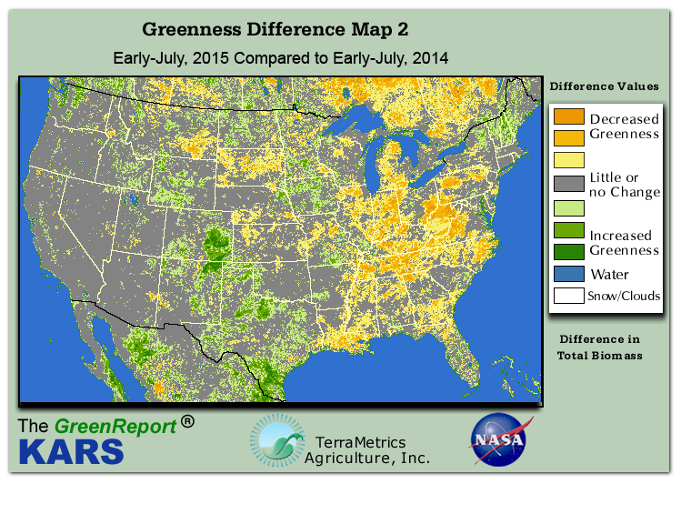 Color-coded U.S. vegetation greeness index map for Period 27 of 2015, illustrating spatial variations in plant vigor, with greener tones indicating higher biomass and browner tones indicating stressed vegetation,
              comparing current crop/vegetation change in biomass to same period from the previous year.