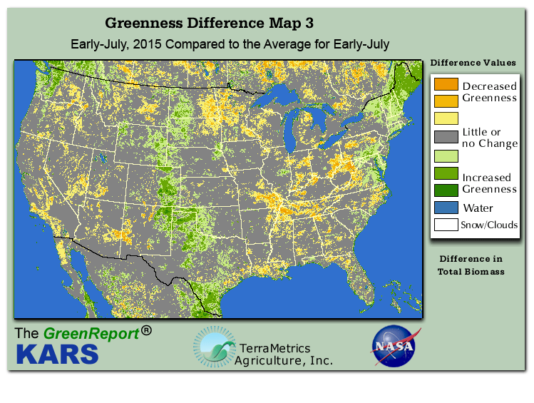 Color-coded U.S. vegetation greeness index map for Period 27 of 2015, illustrating spatial variations in plant vigor, with greener tones indicating higher biomass and browner tones indicating stressed vegetation,
              comparing current crop/vegetation change in biomass to the 20-year greenness average.
