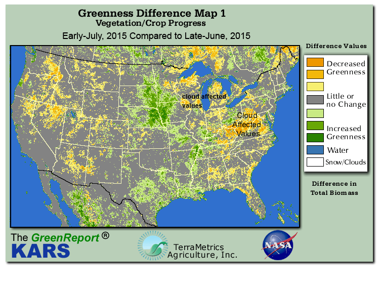 Color-coded U.S. vegetation greeness index map for Period 28 of 2015, illustrating spatial variations in plant vigor, with greener tones indicating higher biomass and browner tones indicating stressed vegetation,
              comparing current crop/vegetation change in biomass to the previous week within the same year.