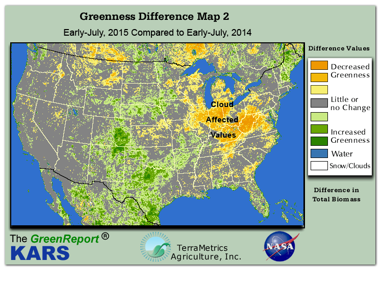 Color-coded U.S. vegetation greeness index map for Period 28 of 2015, illustrating spatial variations in plant vigor, with greener tones indicating higher biomass and browner tones indicating stressed vegetation,
              comparing current crop/vegetation change in biomass to same period from the previous year.