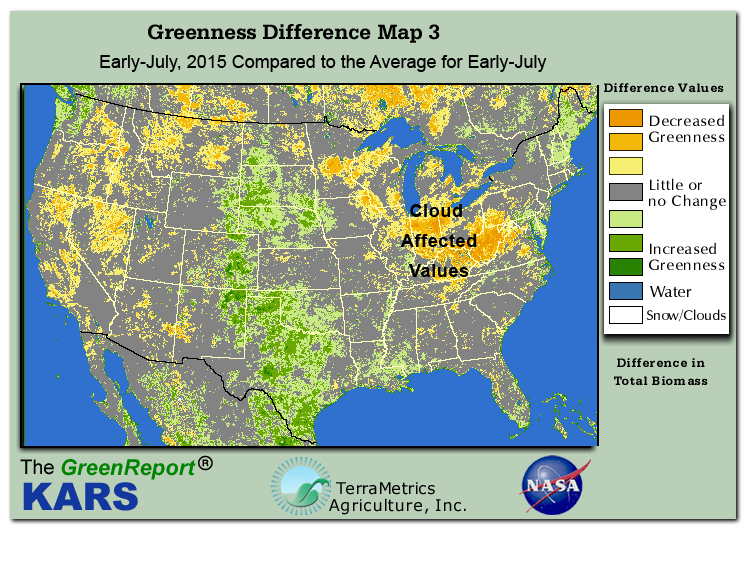 Color-coded U.S. vegetation greeness index map for Period 28 of 2015, illustrating spatial variations in plant vigor, with greener tones indicating higher biomass and browner tones indicating stressed vegetation,
              comparing current crop/vegetation change in biomass to the 20-year greenness average.