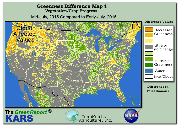Color-coded U.S. vegetation greeness index map for Period 29 of 2015, illustrating spatial variations in plant vigor, with greener tones indicating higher biomass and browner tones indicating stressed vegetation,
              comparing current crop/vegetation change in biomass to the previous week within the same year.
