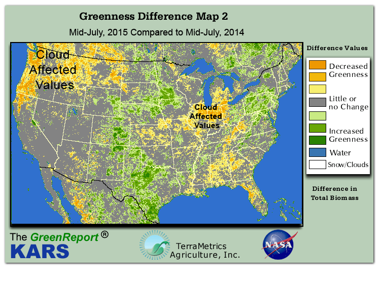Color-coded U.S. vegetation greeness index map for Period 29 of 2015, illustrating spatial variations in plant vigor, with greener tones indicating higher biomass and browner tones indicating stressed vegetation,
              comparing current crop/vegetation change in biomass to same period from the previous year.