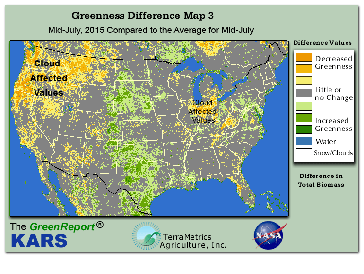 Color-coded U.S. vegetation greeness index map for Period 29 of 2015, illustrating spatial variations in plant vigor, with greener tones indicating higher biomass and browner tones indicating stressed vegetation,
              comparing current crop/vegetation change in biomass to the 20-year greenness average.