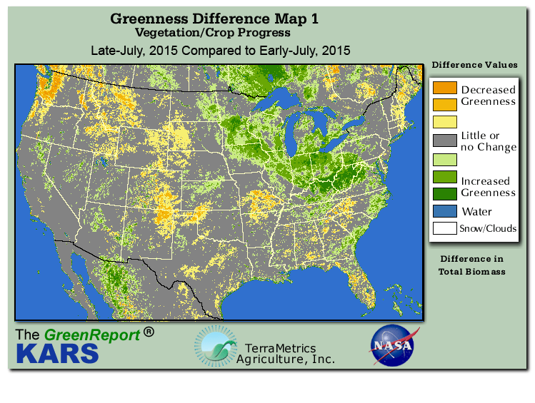 Color-coded U.S. vegetation greeness index map for Period 30 of 2015, illustrating spatial variations in plant vigor, with greener tones indicating higher biomass and browner tones indicating stressed vegetation,
              comparing current crop/vegetation change in biomass to the previous week within the same year.