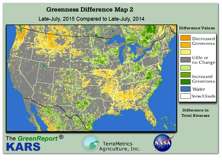 Color-coded U.S. vegetation greeness index map for Period 30 of 2015, illustrating spatial variations in plant vigor, with greener tones indicating higher biomass and browner tones indicating stressed vegetation,
              comparing current crop/vegetation change in biomass to same period from the previous year.