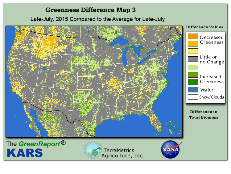 Color-coded U.S. vegetation greeness index map for Period 30 of 2015, illustrating spatial variations in plant vigor, with greener tones indicating higher biomass and browner tones indicating stressed vegetation,
              comparing current crop/vegetation change in biomass to the 20-year greenness average.