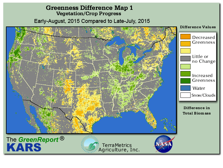 Color-coded U.S. vegetation greeness index map for Period 31 of 2015, illustrating spatial variations in plant vigor, with greener tones indicating higher biomass and browner tones indicating stressed vegetation,
              comparing current crop/vegetation change in biomass to the previous week within the same year.