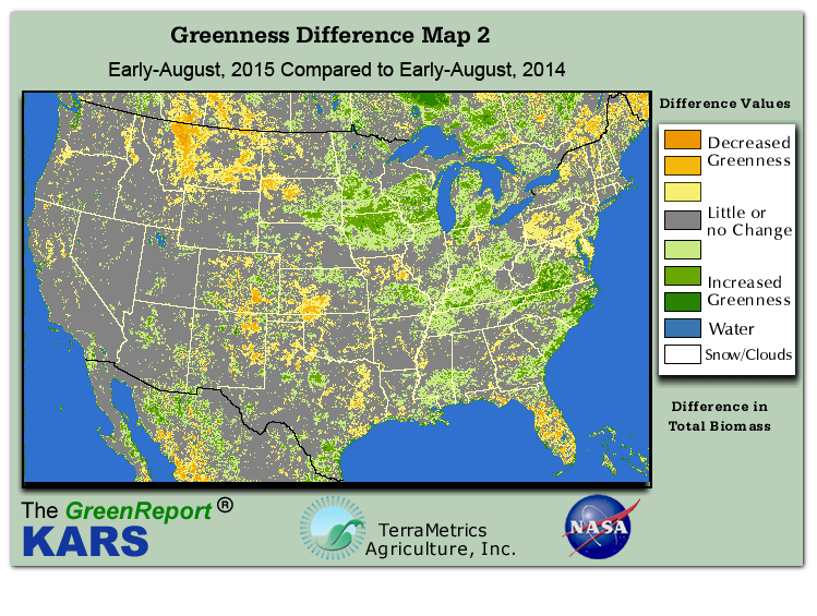 Color-coded U.S. vegetation greeness index map for Period 31 of 2015, illustrating spatial variations in plant vigor, with greener tones indicating higher biomass and browner tones indicating stressed vegetation,
              comparing current crop/vegetation change in biomass to same period from the previous year.