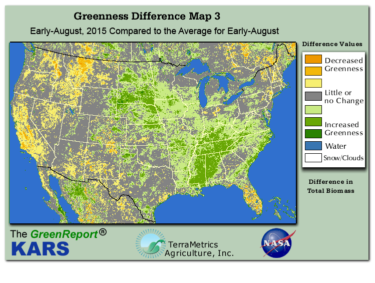 Color-coded U.S. vegetation greeness index map for Period 31 of 2015, illustrating spatial variations in plant vigor, with greener tones indicating higher biomass and browner tones indicating stressed vegetation,
              comparing current crop/vegetation change in biomass to the 20-year greenness average.