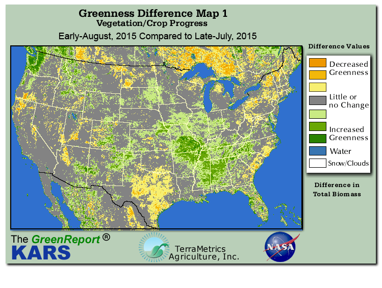Color-coded U.S. vegetation greeness index map for Period 32 of 2015, illustrating spatial variations in plant vigor, with greener tones indicating higher biomass and browner tones indicating stressed vegetation,
              comparing current crop/vegetation change in biomass to the previous week within the same year.